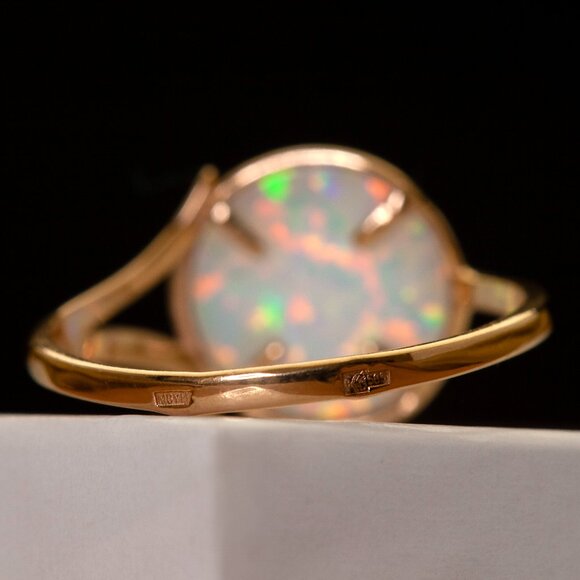 Stunning Custom Made 14K Rose Gold Opal Ring Vintage Real Gold Opal Ring Sz 6.75 - Picture 8 of 12